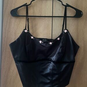 Wild Fable Black Satin Crop Top with Pink Details